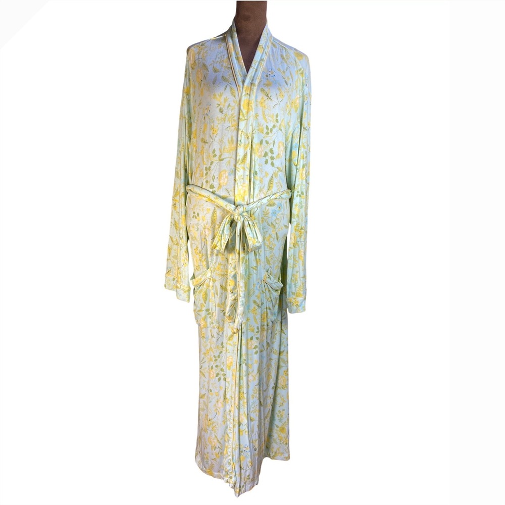 Coldwater Creek Womens 3X Floral Robe Long Mint Yellow Rayon Stretch Knit Belted